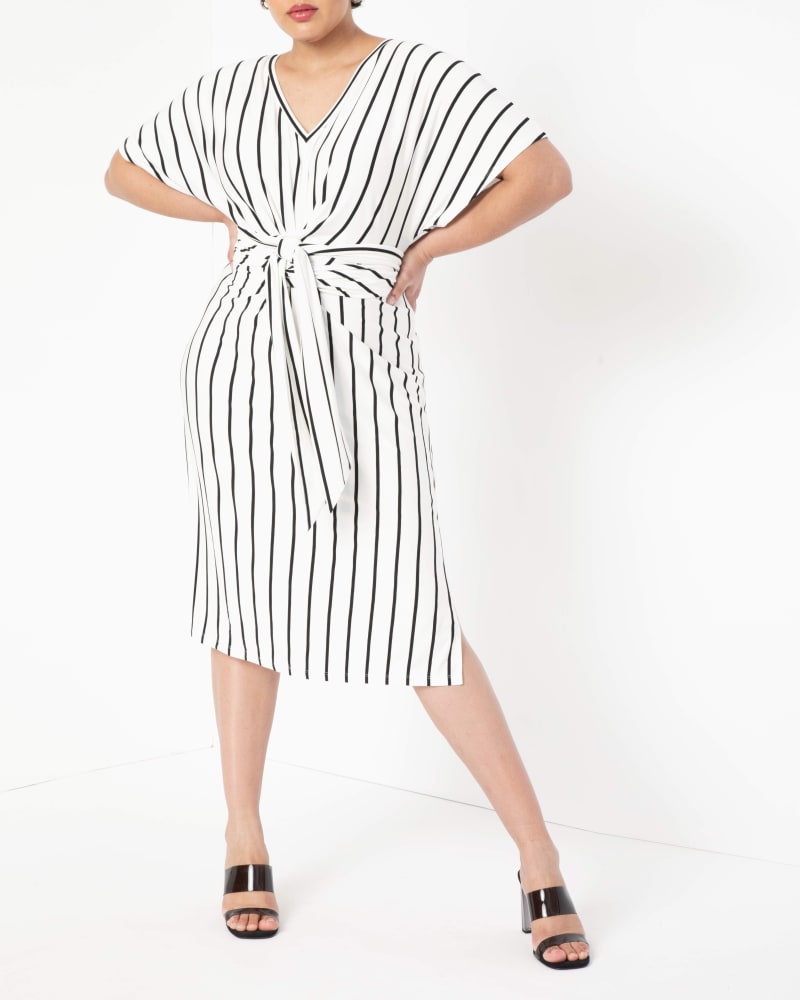 Plus size model wearing Yuna Striped Tie Front Dress by ELOQUII | Dia&Co | dia_product_style_image_id:189330